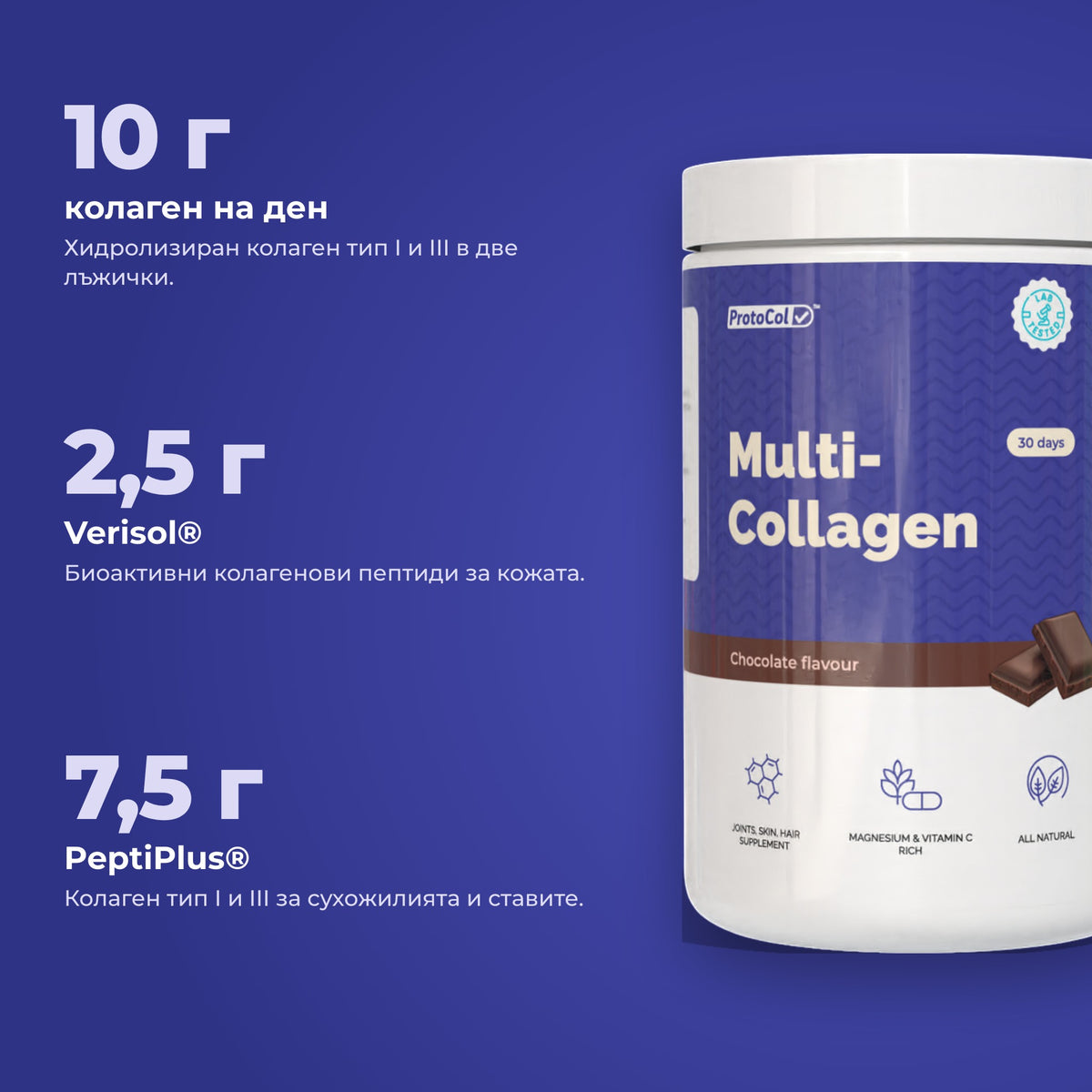 10 г колаген, 2,5 г Verisol® и 7,5 г PeptiPlus® в една доза